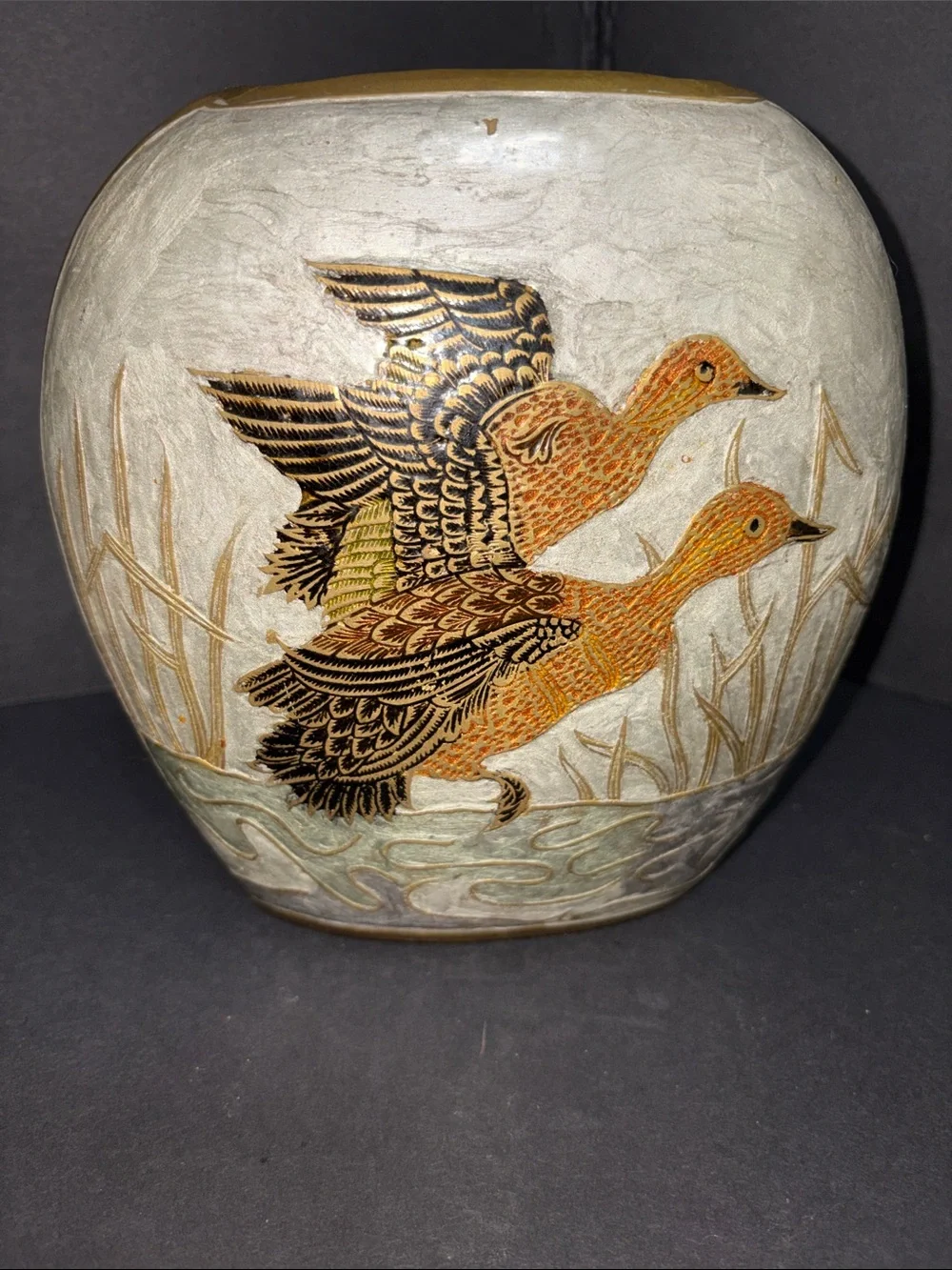 Vintage Brass Vase Geese Waterfowl Etched Enamel Cloisonne Style